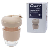 CONSOL LUGO GLASS TRAVEL MUG WITH BEIGE PLASTIC LID, 320ML