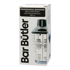 BAR BUTLER COCKTAIL SHAKER WITH 6 RECIPE MEASURES GLASS & ST STEEL, 400ML
