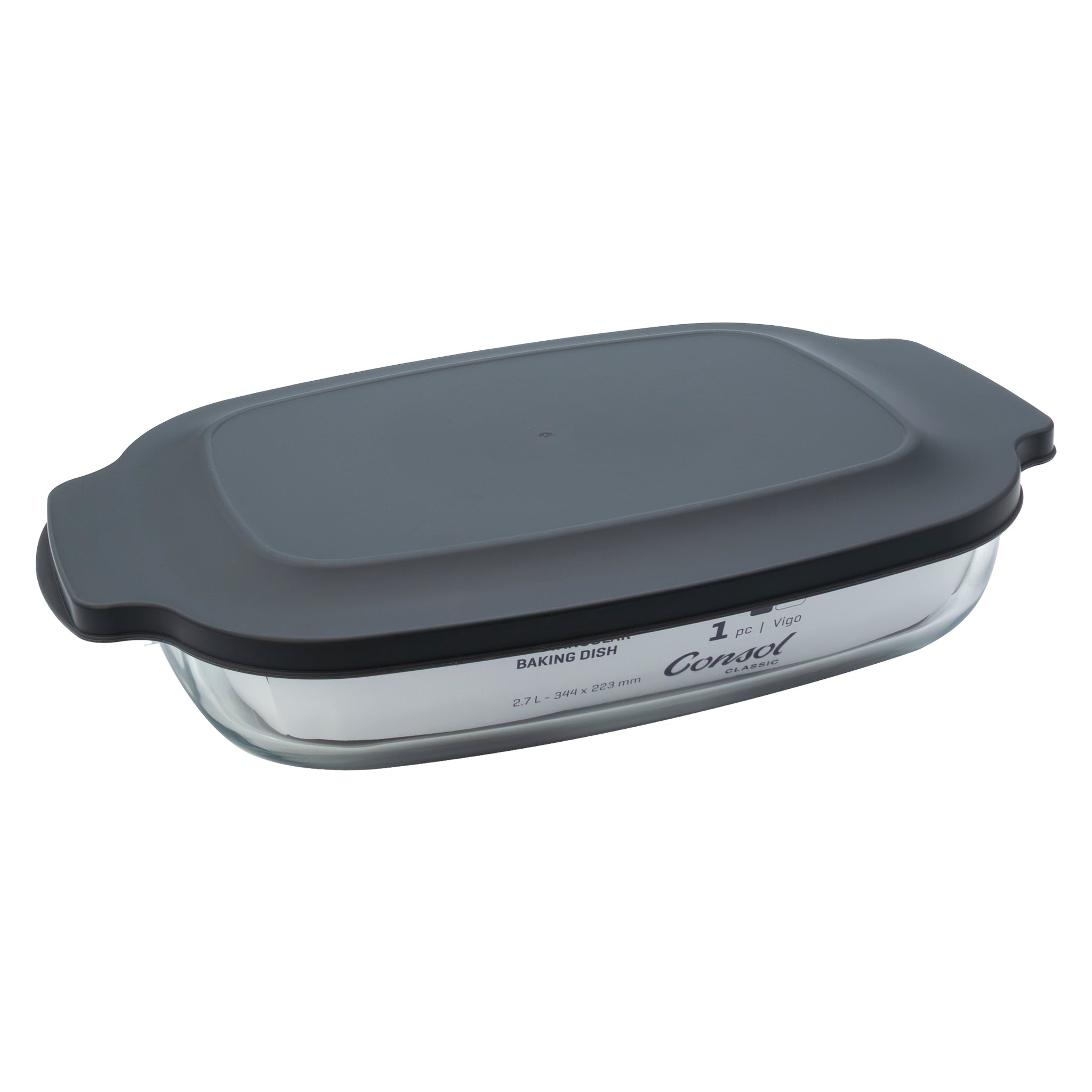CONSOL VIGO RECTANGULAR GLASS BAKING DISH WITH GREY PLASTIC LID, 2.7L