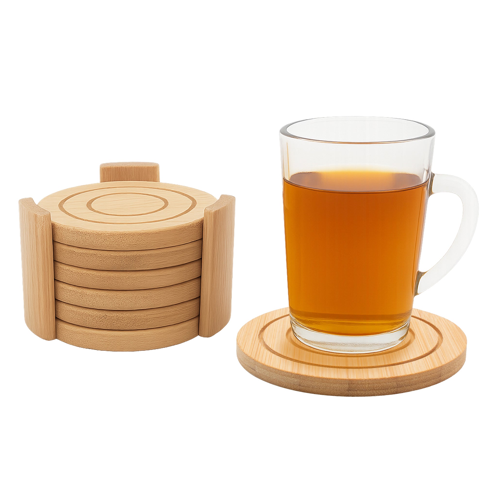 REGENT BAMBOO ROUND COASTERS IN A HOLDER 7 PIECE SET, 100MM DIA