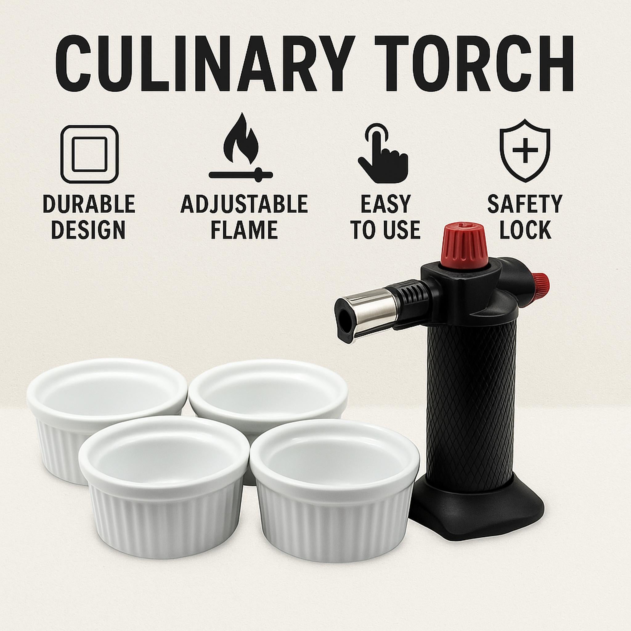 HOTERY CHEFS TORCH WITH 4 RAMEKINS 5PCE GIFT BOX SET, (132X105X62MM)